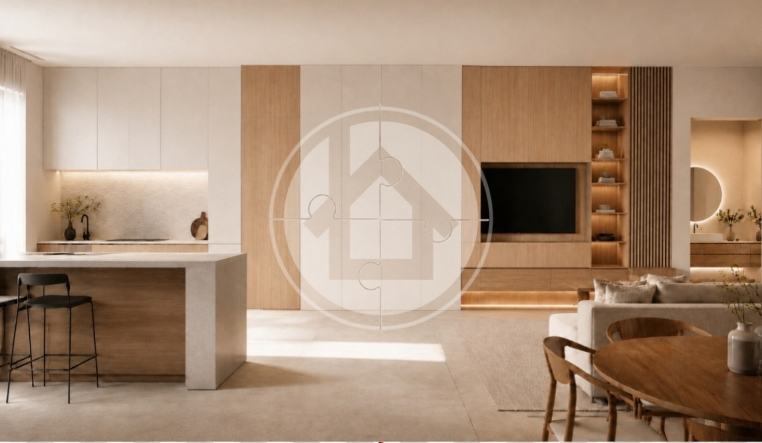 Interior de carpintería a medida con el símbolo de Tú Viruta Design formado por piezas de puzle