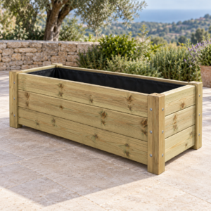 Jardinera rectangular en pino autoclave — imagen orientativa generada con IA